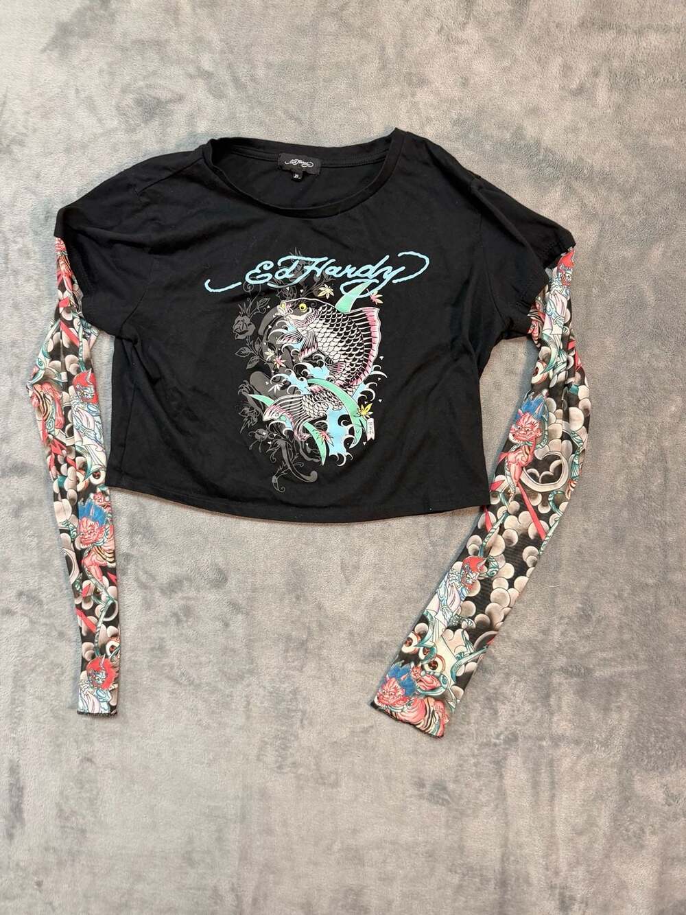 Ed Hardy Koi Fish Womens 2fer Long Sleeve Tee Black XL